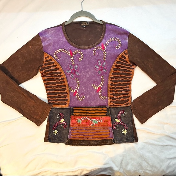 Rising International Tops - Rising International Embroidered Boho Hippie Nepal Top Shirt Women L Brown Purpl